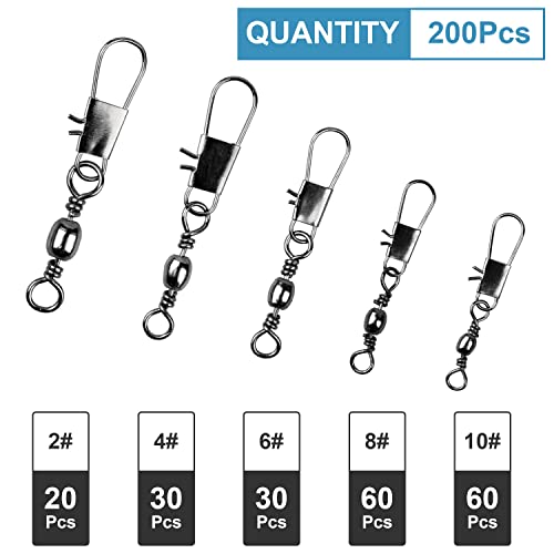 ReeMoo 200PCS Fishing Rolling Ball Bearing Barrel Swivel with Safety Snap Connector Fishing Accessories #2#4#6#8#10