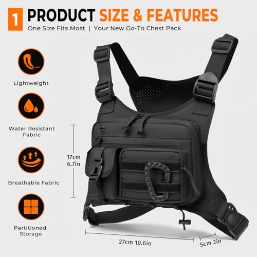Muserise Outdoor Chest Bag For Men and Women, Tactical Vest For Running, Cycling, EDC Chest Pack Rig For Sports and Workouts - color: Black