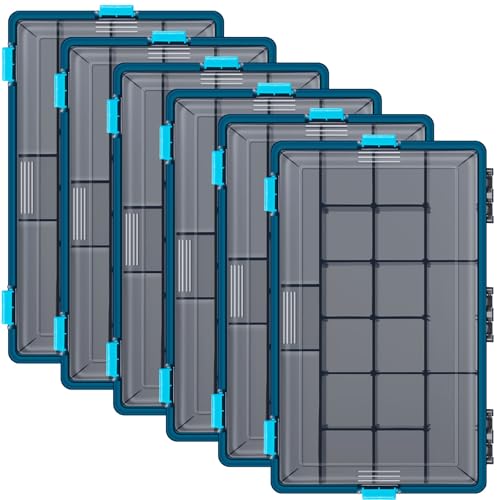 Wonderjune 6 Pack Fishing Tackle Boxes Waterproof 3600 and 3700 Tackle Trays with Removable Dividers Plastic Storage Organizer Bait Vault Camouflage Box for Freshwater Saltwater (Blue,3700) - color: Blue, size: 3700