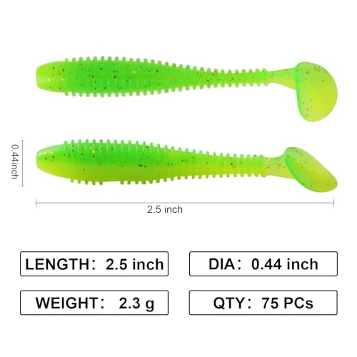 Paddle Tail Swimbaits, 2.5 inch/3inch Soft Lures Fishing Trout Crappie Bass for Freshwater and Saltwater 75PCS/60PCS - color: Green Bean, size: 2.5 inch, 75 PCs
