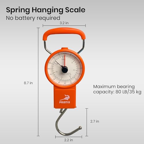 Pristis Fishing Hanging Scale, 80 LBs Fish Weight Analog Spring Hook Crane Scale Kit with Tape Measure & Non-Slip Large Handle, Portable Gear Equipment Accessory for Farm Kitchen Luggage Weighting