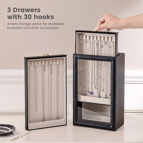 Lolalet Necklace Organizer Box, Jewelry Storage Box with Clear Window for Necklaces Bracelets, Tangle-Free Necklace Display Case for Women Girls, Black, 3 Layers 30 Hooks - color: Black, size: 3 Layers, 30 Hooks