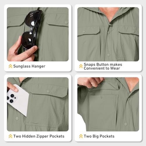 Mens Sun Protection Hiking Fishing Safari Shirts with Hood Long Sleeve Outdoor Quick Dry Shirts Hoodie - color: 5105 Grey Green, size: Small
