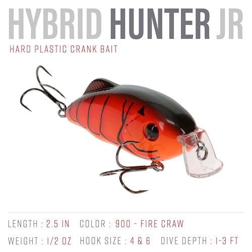 Strike King Hybrid Hunter Shallow Jr. Fishing Lure, Shallow Diving Crankbait, 90-Degree Bill, 3D Eyes, Loud Rattle, Dives 1 to 3-Feet,Size 4 & 6 Treble Hooks - color: Fire Craw, size: 1/2 oz