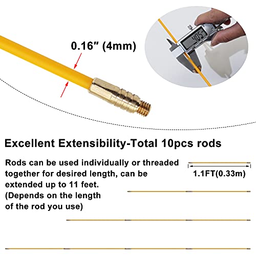 11' Fiberglass Running Electrical Wire Cable Pulling Fish Tape Kit with 5 Different Attachments and Fish Tape Tool in a Carrying Case - size: 11FT-10 Rods