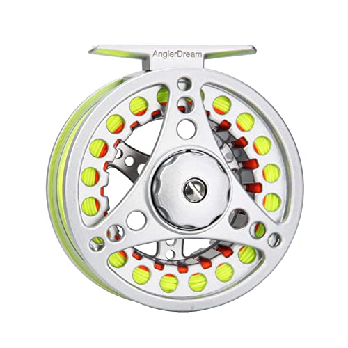 (1/2WT 3/4WT 5/6WT 7/8WT) Fly Reel with Line Combo Aluminum Alloy Large Arbor Fly Fishing Reels Weight Forward Fly Line with Braided Backing Taper Leader Pre-Tied - color: Silver Reel&Fluo Yellow Line(Pre-load), size: 1/2 WT Reel+Line