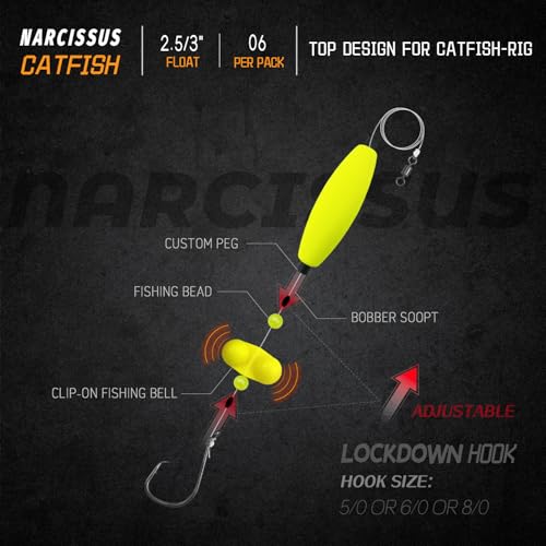 Narcissus Catfish Rigs Set – 6 Pre-Tied Rigs with 2 Sinker Sliders, Float Rigs Tackle, Santee Rig, Circle Hooks 6/0 – Complete & Ready-to-Use Kit - color: Hook Size 5/0-Weight 2 oz