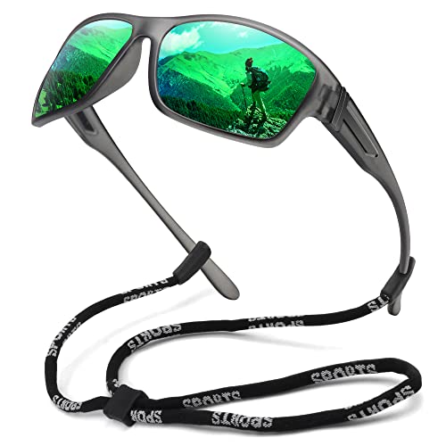 STORYCOAST Polarized Sports Sunglasses for Men Women Unbreakable Frame Cycling Fishing Driving - color: Gray Frame-green Mirror Lens