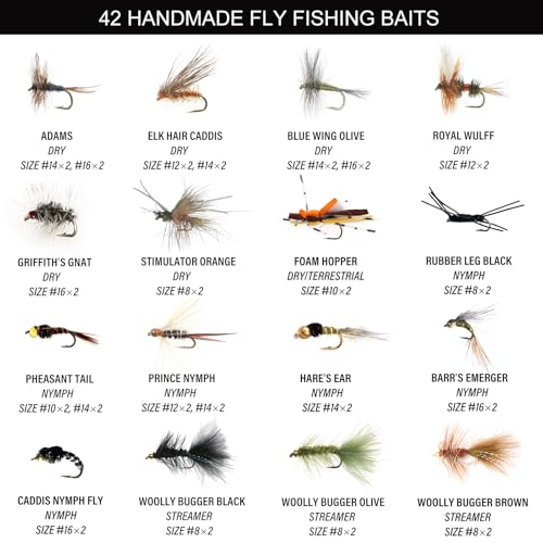 Fly Fishing Flies Assortment Kit, 42 Pieces of Dry, Wet, Nymphs, Streamers, Wooly Buggers, Terrestrials, for Trout Bass Salmon Steelhead, with Silicone Fly Box, Fly Fishermen Gift