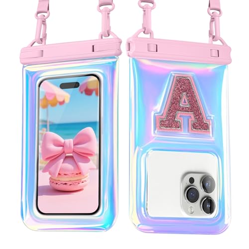 Waterproof Phone Pouch Floating, IPX68 Waterproof Phone Case for Beach Kayak Cruise Essentials, Dry Bag for iPhone 17 16 15 Pro Max Samsung S26 S25 S24, Up to 7", Iridescent Pink Letter - color: Iridescent Pink Letter