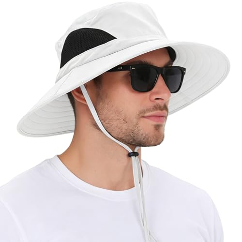 Wide Brim Sun Bucket Hat, Waterproof Boonie Hat for Men & Women | UPF 50+ UV Protection, Adjustable Fit, Chin Strap & Sweatband, Foldable Durable for Fishing Hiking Garden Beach - color: 01 Ivory