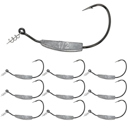 Reaction Tackle Weighted Swimbait Hooks - Weedless Belly Weighted Hooks with Twist Lock Bait Keeper for Soft Plastic Swimbaits - Bass Fishing Hooks (10-Pack) - size: 1/2oz 11/0