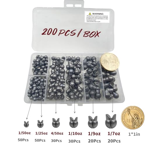200Pcs/Box Big Size Removable Split Shot Fishing Sinkers(1/7oz,1/9oz,1/10oz,4/50oz,1/25oz,1/50oz Mixed)，Adjust Open Mouth Design Fishing Weights Clip for Freshwater Saltwater