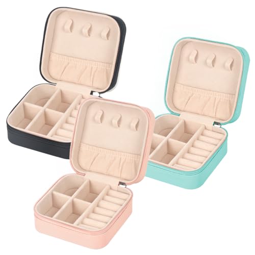 MFXIP Travel Jewelry Case Small Jewelry Box Jewelry Organizer Storage Case Portable PU Leather Mini Jewelry Travel Case for Girls Womens Earring, Necklace, Rings,Bracelets - color: Black Pink Blue