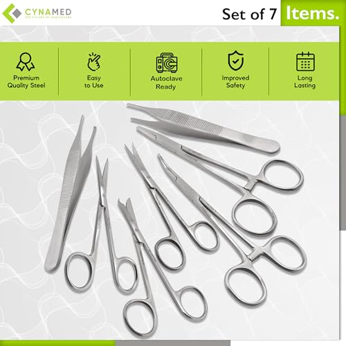 Set of 7 Pieces Scissors Forceps Hemostats Needle Holder Driver Set for Educational Training and Medical Procedures Made of Stainless Steel by Cynamed
