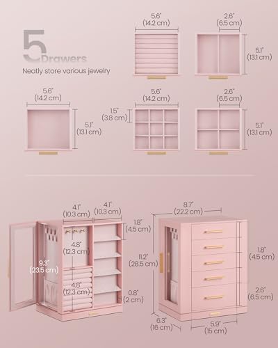 SONGMICS GISELLA Collection - Jewelry Box Organizer 360° Rotating, Vertical Jewelry Storage Case with 5 Drawers, Glass Window, Spacious, Open Design, Great Gift, Pink UJBC170R01 - color: Jelly Pink, size: 5 Drawers (6.3"d X 8.7"w X 11.2"h)