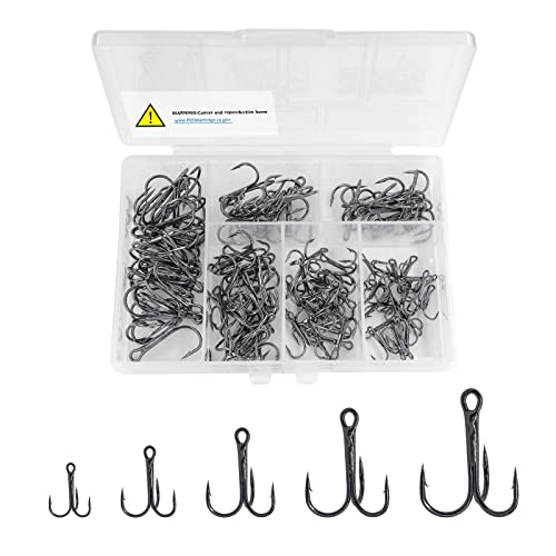 Red Fishing Treble Hooks Kit, High Carbon Steel Hooks Strong Sharp Round Bend for Lures Baits Saltwater Freshwater Bass Fishing 100pcs Mixed 5 Size 2# 4# 6# 8# 10# - color: 100pcs Treble Hooks