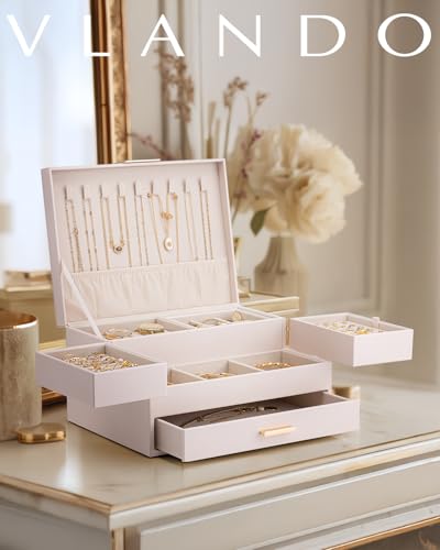 VLANDO 3 Layer Jewelry Box - Women Jewelry Box with Retractable Tray - Jewelry Organizers with Drawer for Necklaces, Rings, Bracelets, Earrings, Gift for Couples Mom Girls - Pink - color: B.Pink, size: 3-Layer