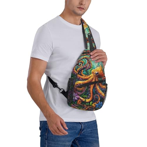 Cartoon Octopus In Flowers Outdoor Crossbody Shoulder Bag For Unisex Young Adult Hiking Bicycling - color: Bronze2