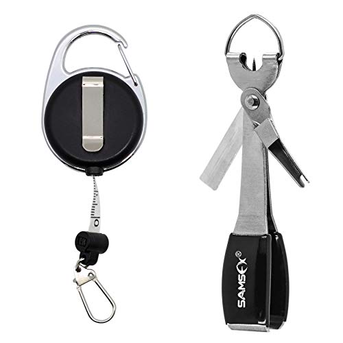 SAMSFX Fishing Zinger Retractors Retractable Tape Measure with Fly Fishing Knot Tying Tool Combo - color: Tape Measure Retractors & Silver Nail Knot Tying Tool, Black Grip