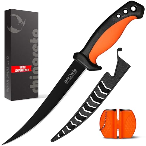 Rhinoreto Fillet Knife for Fish - Razor Sharp G4116 German Stainless Steel Blade, 6.5 Inch Professional Filleting & Boning Knife with Non-Slip Handle, Protective Sheath & Sharpener - color: Orange, size: 6.5"