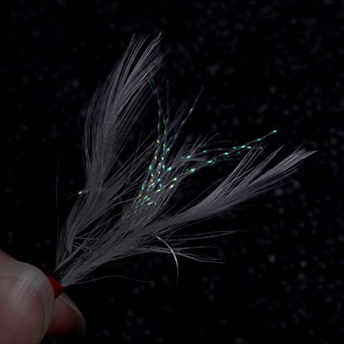 Conskyee 20pcs Feather Treble Fishing Hooks Size 4 Tied Round Bend Barbed Triple Hooks with White Feather