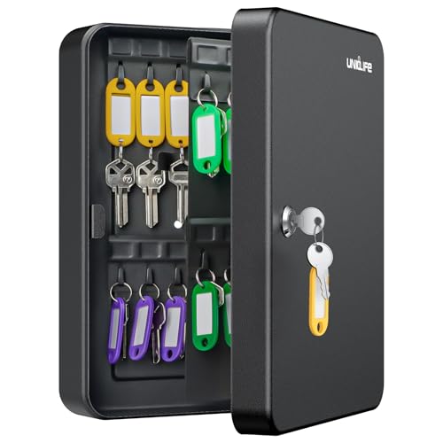 Uniclife 60 Position Key Cabinet with Key Lock Wall Mounted Black Security Storage Box Steel Key Organizer with Colorful Key Tag Labels Stickers and Hooks - color: Black, size: 60-Key