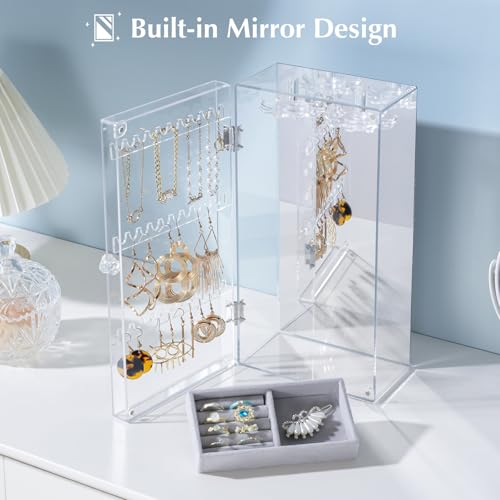 Lolalet Earring Holder Organizer, Acrylic Jewelry Organizer Rotating Clear Earrings Display Box, Dust-proof Jewelry Storage Case with Velvet Tray -Earringmirror - color: 4 -Earringmirror