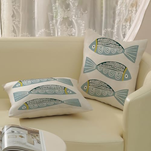 Coastal Pillow Covers 16x16 Inch 2 Pcs Blue Fish Ocean Beach Summer Outdoor Decor Throw Pillows Boho Nautical Farmhouse Holiday Decoration Pillowcase Linen Cushion Cover for Couch Sofa Bed - color: Blue Fish, size: 16" x 16" (Pack of 2)
