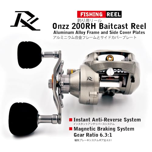 Onzz 200RH Baitcast Reel,Baitcasting Fishing Reel, 9.5 oz Ultra Lightweight, Ultra Smooth 8KGS Max Drag, 6.3:1 Gear Ratio, 10 + 1 MaxiDur Double Shielded Ball Bearings