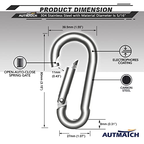 AUTMATCH Carabiner Clips, 3" Spring Snap Hook Caribeener Clips Buckle Pack Grade Heavy Duty Carabiners Quick Link for Camping, Fishing, Hiking, Traveling, 4 Pack - style: Stainless Steel - Silver