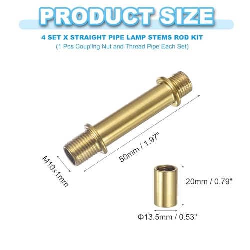 PATIKIL Straight Pipe Lamp Stems Rod Kit, 4 Set M10 Carbon Steel 50mm(1.97") Long Double End Thread Rod with Coupling Nuts Sleeve Connector for Table Lamps Chandeliers,Copper - color: Copper, size: 50mm(1.97")