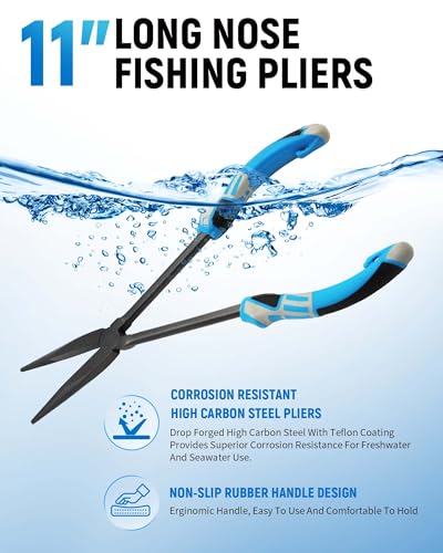 11" Long Nose Fishing Pliers, Straight & Bent Jaws, PTFE Coated Corrosion Resistant, Hook Remover & Braid Cutter Fishing Needle Nose Pliers, Saltwater Freshwater Gear for Bass Snook Trout - color: Red - Curved Needle Nose Pliers