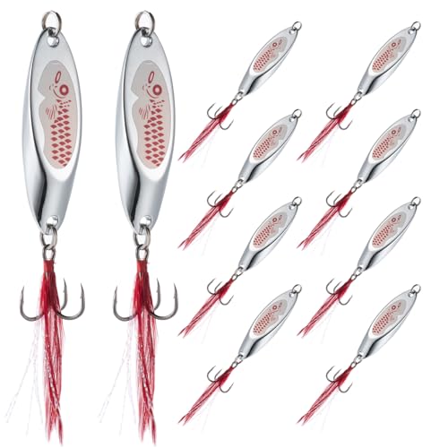 Goture Metal Spoon Trout Lures - Long Distance Casting for Trout, Bass, Crappie, Pike, Salmon - Saltwater & Freshwater - 1/4oz to 1-3/8oz Jigging Spoons - color: A:10pcs Fishing Spoons with Feather, size: 1/4 oz