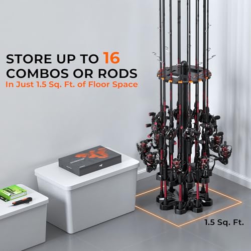 KastKing V16 Fishing Rod Holder for Garage, Floor Rack Holds Up to 16 Rods & Combos, Space-Saving Fishing Pole Organizer with Protective Foam, Durable ABS, Fishing Gear & Accessories Gift for Men - size: V16 without Rotating Base