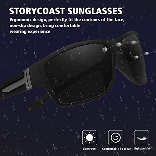 STORYCOAST Polarized Sports Sunglasses for Men Women Unbreakable Frame Cycling Fishing Driving - color: 2pack Black+blue Mirror