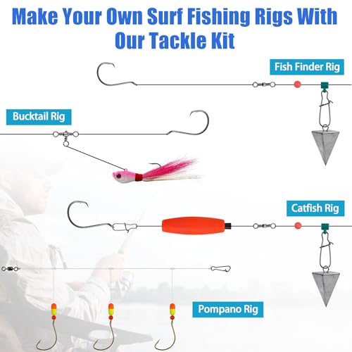 Saltwater Gear Surf Fishing Tackle Kit, Include Saltwater Lures, Pyramid Sinker Weights, Bucktail Jigs, Spoons, Leader Rigs, Catfish Hooks Swivels, Pier Ocean Sea Surf Fishing Freshwater Accessories