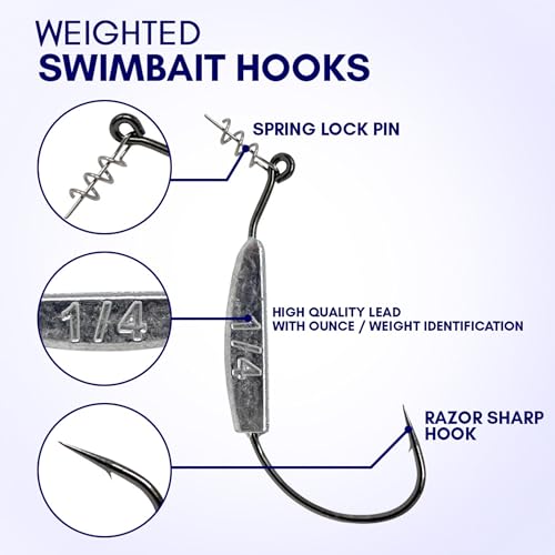 Reaction Tackle Weighted Swimbait Hooks - Weedless Belly Weighted Hooks with Twist Lock Bait Keeper for Soft Plastic Swimbaits - Bass Fishing Hooks (10-Pack) - size: 1/4oz 5/0