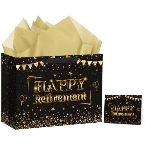 Hooqict Large Retirement Gift Bag Black Gold Happy Retirement Gift Wrap Bag with Handles, Tissue Paper, Greeting Card for Men Women Teacher Office Coworker Farewell Going Away Party Favors - color: Retirement