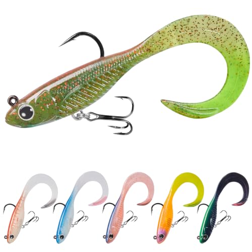 TRUSCEND Duramax TPE Soft Fishing Lures with BKK Hooks, Easy Catch Curly & T-Tail for Trembly Sinking & Vibrating Swim, UV or Glow Effect for All Conditions, Pre-rigged Swimbait for Bass Trout Crappie - color: A1-3"-1/4oz