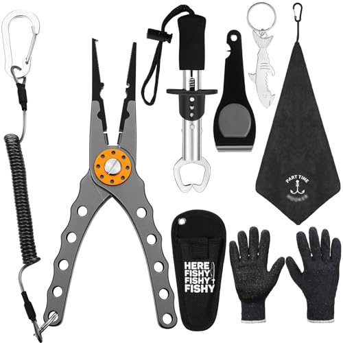 VioraWhite 8 Pieces Fishing Tools Kit Fish Hook Remover Set Include Fishing Pliers Lip Gripper Multifunction Scissors Gloves Towel Keychain Hook for Men Women Gifts - color: Black