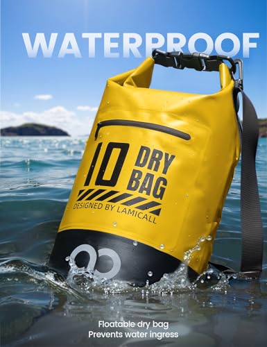 Lamicall Waterproof Dry Bag with Phone Pouch - 5L/10L/20L/30L/40L Floating Roll Top Backpack for Kayaking Boating Beach Camping Fishing - Heavy Duty 500D PVC Marine Dry Sack for Men,Women, Yellow 10L - color: Lemon Yellow, size: 10L