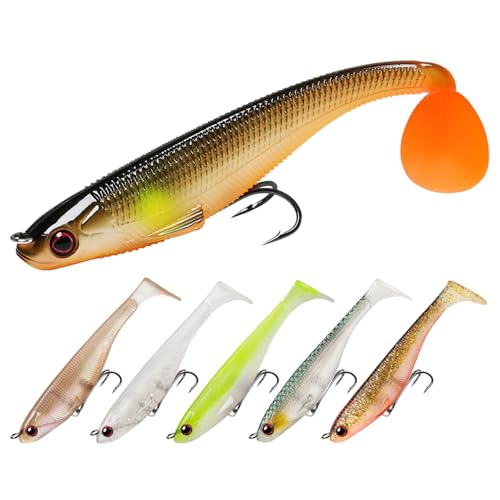 TRUSCEND Shadtale Easy Catch Soft Fishing Lures with BKK Hooks - Trembly Sinking and Vibrating Swim for More Bites, Pre-Rigged Swimbaits for Bass, Trout, Crappie, Walleye, Freshwater Saltwater Fishing - color: A1-3.5",1/4oz
