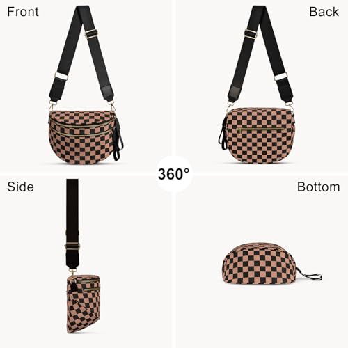 Checkered Nylon Crossbody Bag Bum Bag for Women Mom Large Checkered Fanny Packs with Adjustable Strap - color: Khaki Checkered