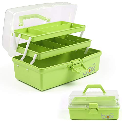 TERGOO 12in 3-Layer Plastic Craft Organizers and Storage, Portable Folding Tackle Box with Handle & Adjustable Dividers, Multipurpose Case for Sewing, Art Supplies, Medicine, Tools (Green) - color: Green