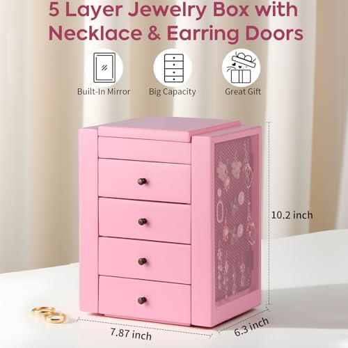 Meangood Jewelry Box Wood for Wowen, 5-Layer Large Organizer Box with Mirror & 4 Drawers for Rings, Earrings, Necklaces, Pink - color: 5 Layer Pink, size: 5 Layer