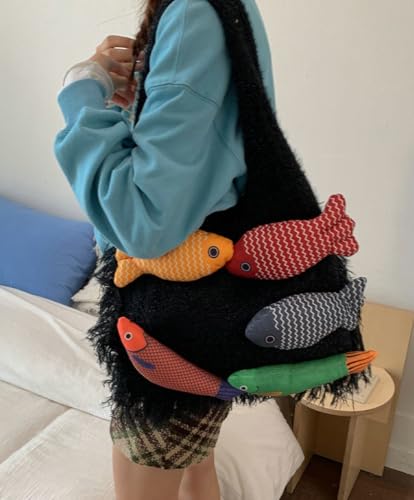 Knitted Beach Shoulder Bag for Women 3D Fish Bohemian Tote Versatile Purse Soft Hobo Handbag for Summer Vacation 2026 - color: D Black