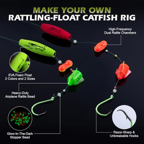Goture Catfish Rig Making Kit,274pcs/300pcs Catfishing Tackle with Luminous Fishing Hook Swivel Sinker Weights Rattle Float Bobber Stoppers,Catfish Rigs Accessories with 3600 Tackle Box,Gifts for Men - color: B1:274pcs-2pcs Pre-rigged Catfish Rigs&Tackle