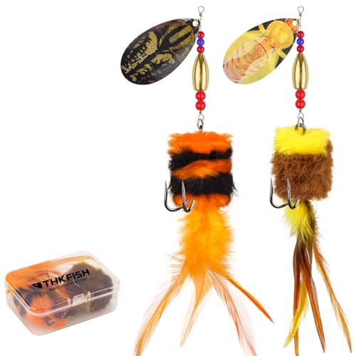 THKFISH Musky Pike Walleye Fishing Lure, Rooster Tail Fishing Lures with Hard Metal Brass Inline Spinner Baits with Tackle Box for Trout Bass Salmon Freshwater Saltwater Lures - color: Yellow&Orange, size: 1.3 oz---2pcs
