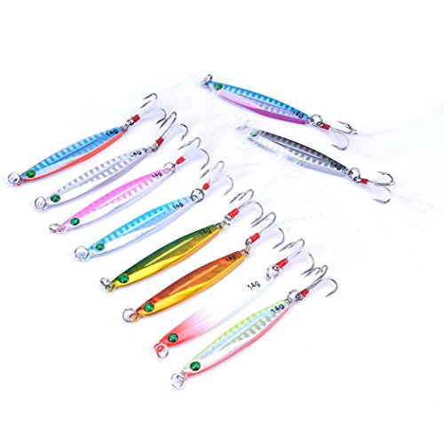 Aorace 10pcs Hard Metal Jigs Diving Sea Fishing Lures Minnow Popper Baits Tackle Crankbait Saltwater Freshwater Lures with Feather - color: 10pcs 6cm/14g
